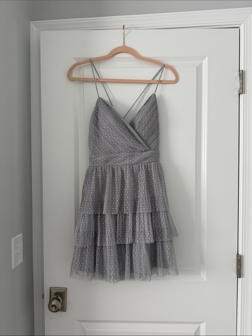 City Studios Silver Tiered Tulle Mini Dress with Spaghetti Straps
